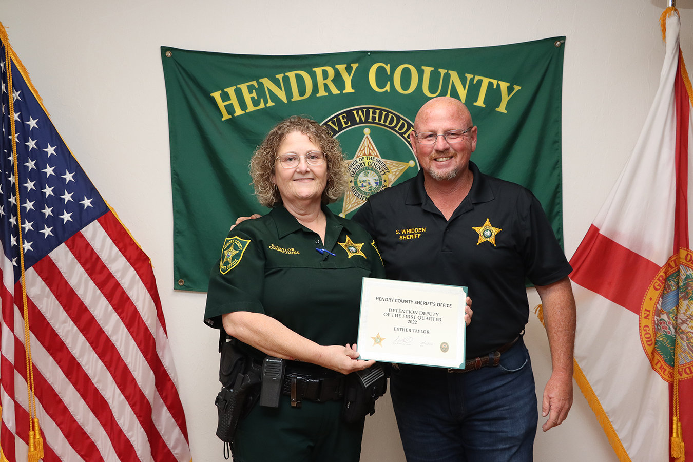 On  Aug. 24, 2022, Hendry County Sheriff Steven Whidden presented Corrections Officer Esther Taylor with the Correction Officer of the First Quarter Award. C/O Taylor has been employed with the Hendry County Sheriff’s Office, Jail Division since February of 2012. C/O Taylor has gone above and beyond her duties in various capacities. During the months of November and December 2021, C/O Taylor assumed the Acting Sergeant position during her shift, “C/O Taylor Supervised her shift without issues”.